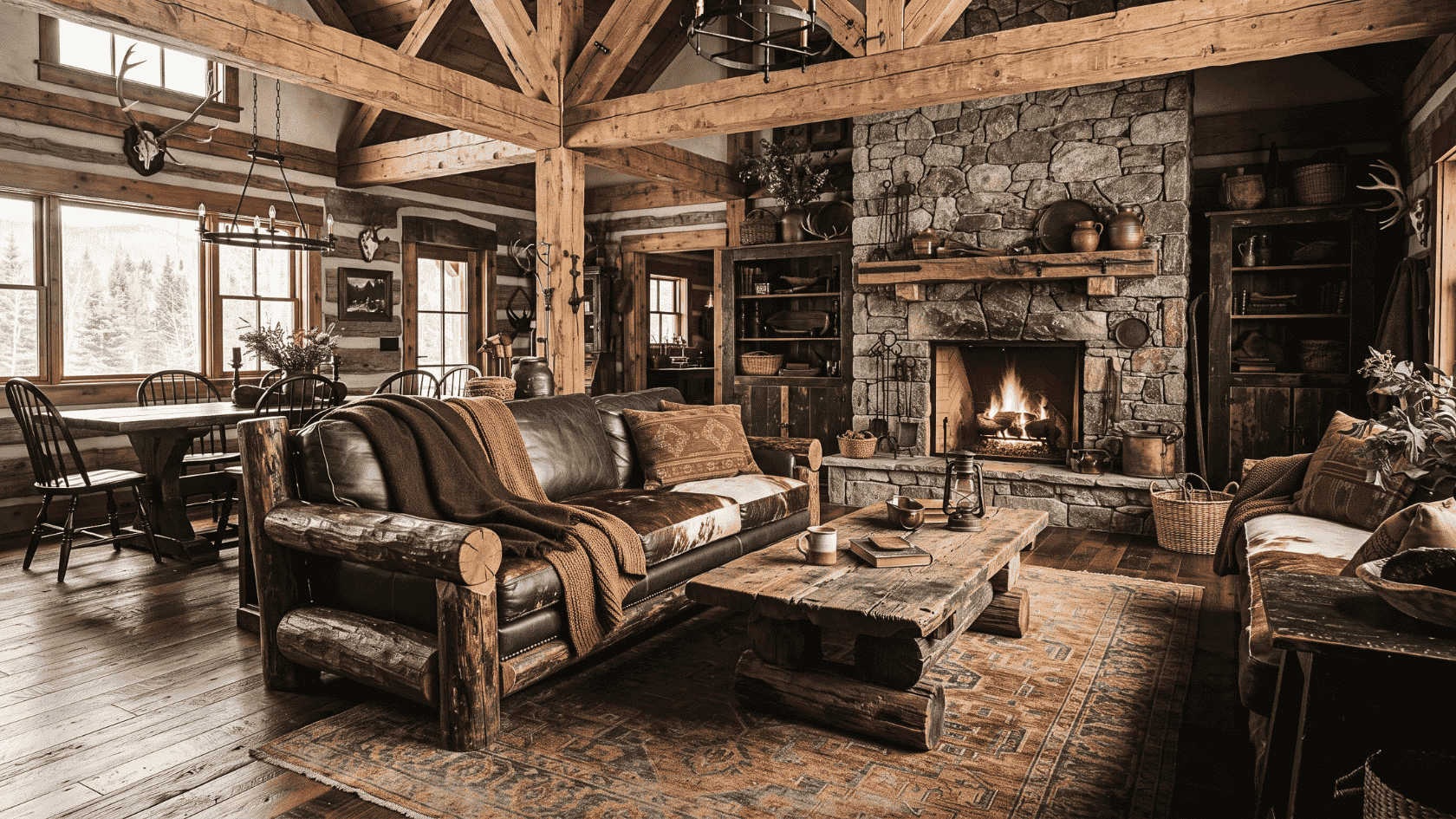 Rustic home displaying modern interior styles with natural wood, cozy textures, and comfortable decor for welcoming spaces