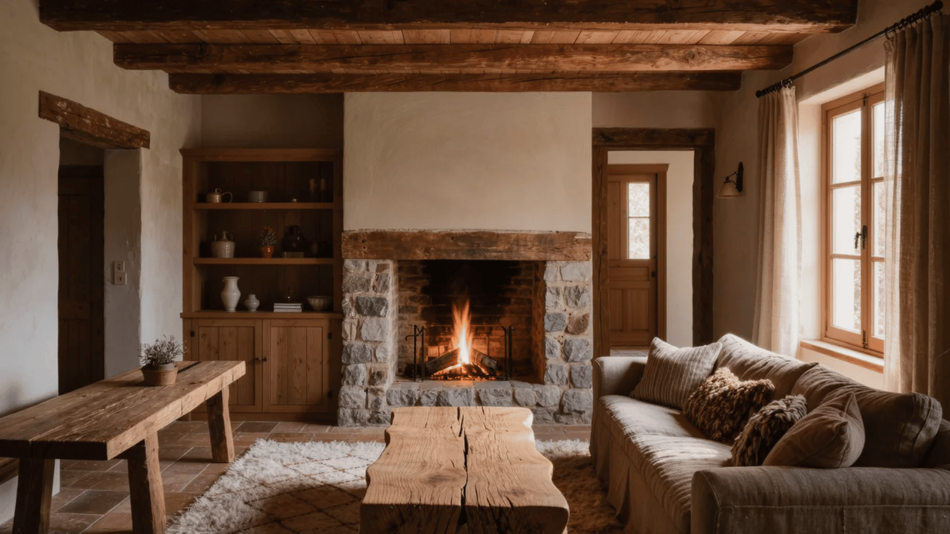 Rustic interior design styles with wooden beams, stone fireplace, wood furniture, and cozy natural materials in a living room.