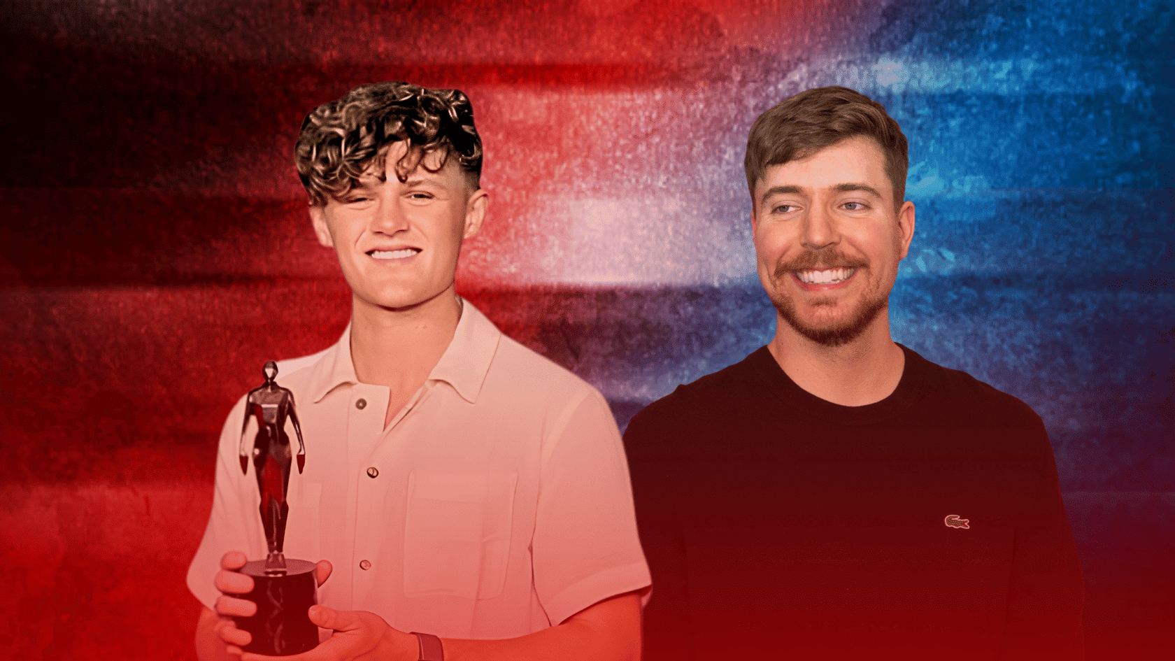 Ryan Trahan and MrBeast standing against a red and blue background, with one person holding a trophy.
