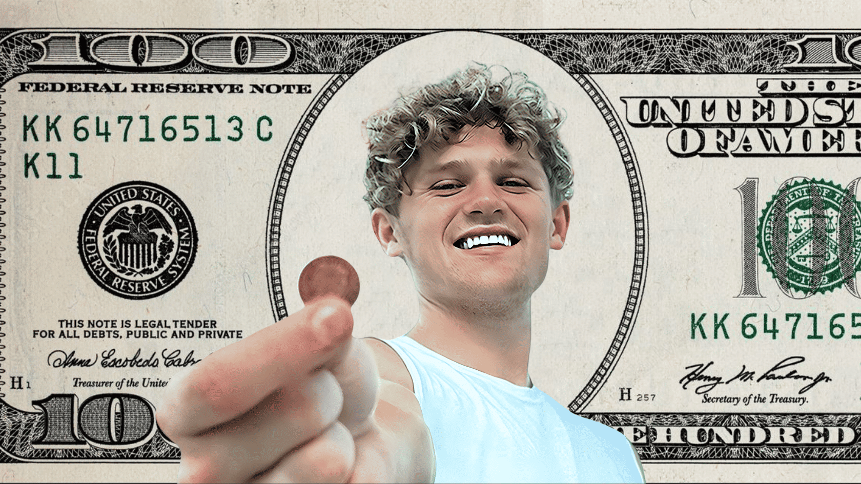 Ryan Trahan pointing toward the camera with a dollar bill background in a promotional style image.