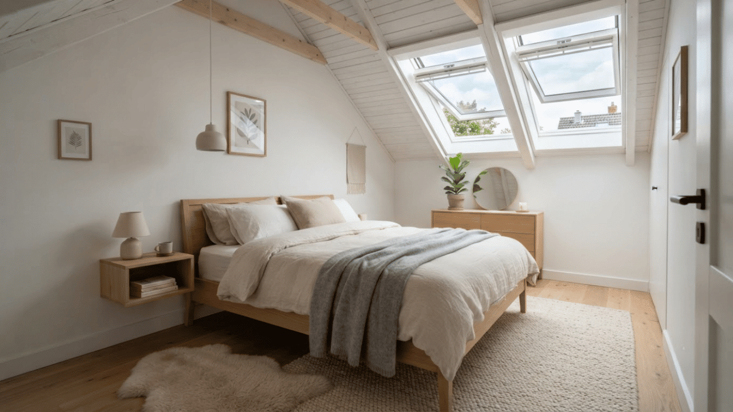 Scandinavian attic bedroom featuring light wood furniture, neutral colors, and minimal peaceful décor.