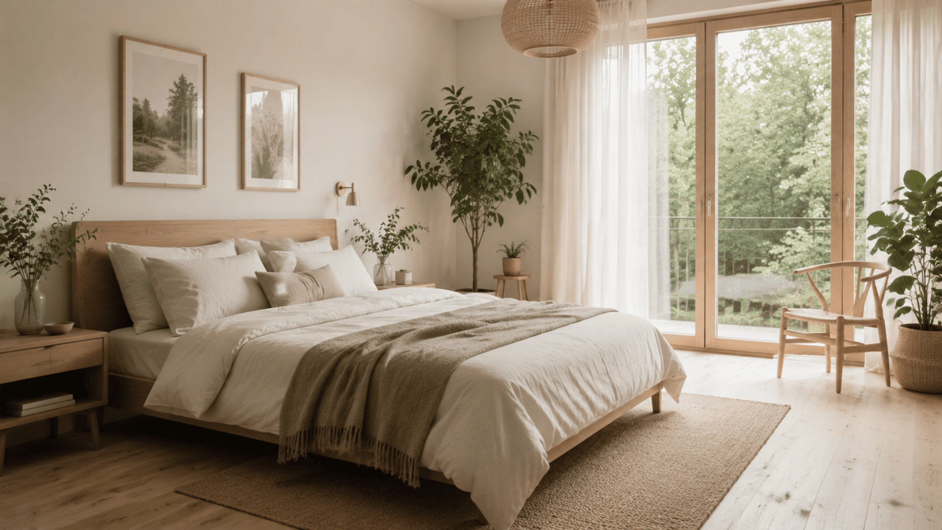 Bright Scandinavian bedroom with light wood, neutral bedding, plants, and large window with natural daylight.