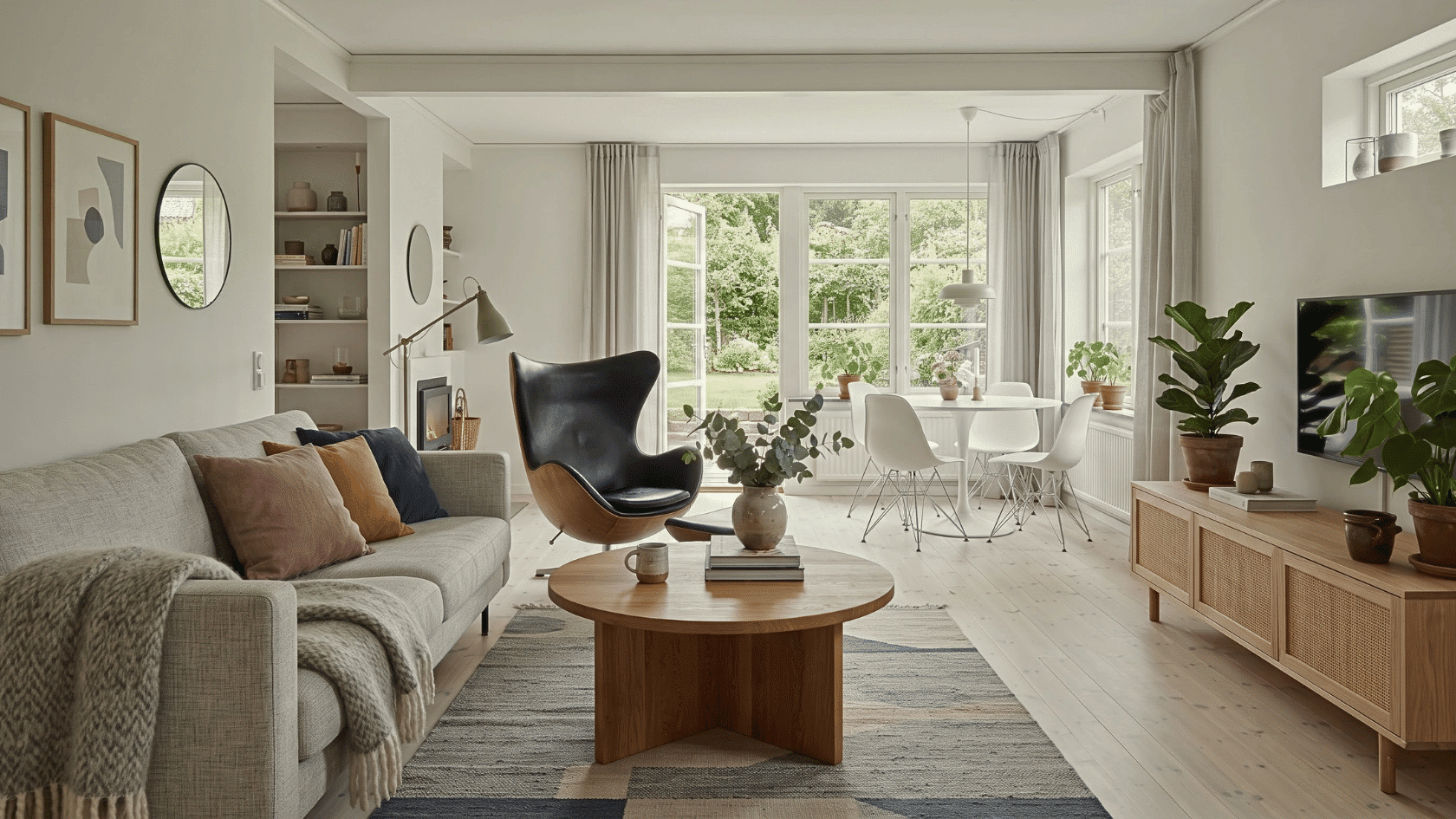 Scandinavian room with modern interior styles using cozy textures, light wood furniture, and airy decor for warm spaces