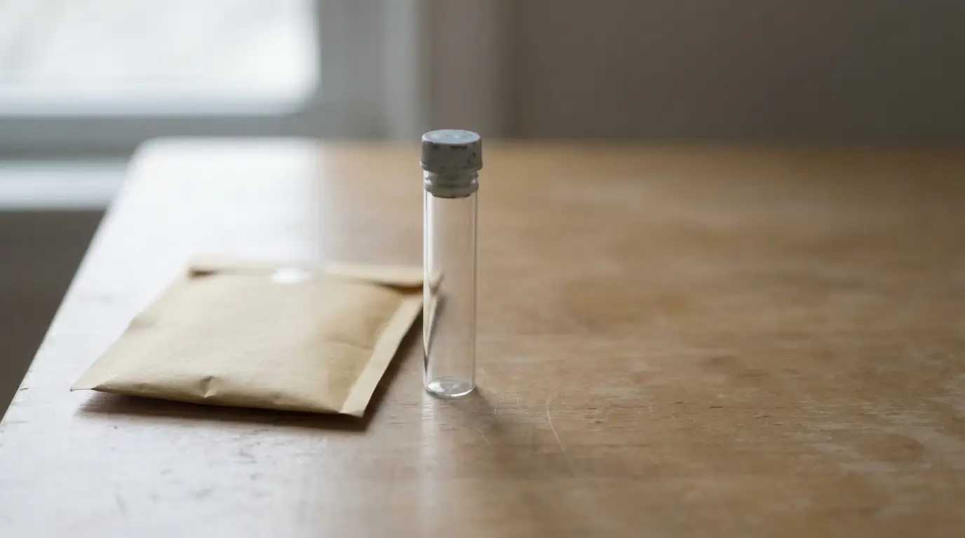 Glass test tube and brown envelope on a wooden table in soft natural light