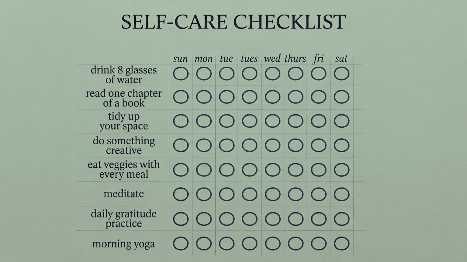 Self-care checklist grid with eight habits listed as rows and seven days of the week as columns, each cell containing an empty checkbox.