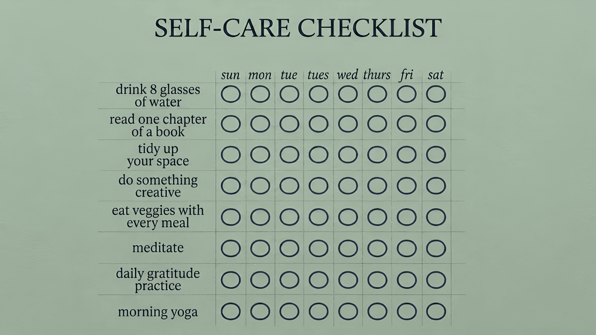Self-care checklist grid with eight habits listed as rows and seven days of the week as columns, each cell containing an empty checkbox.