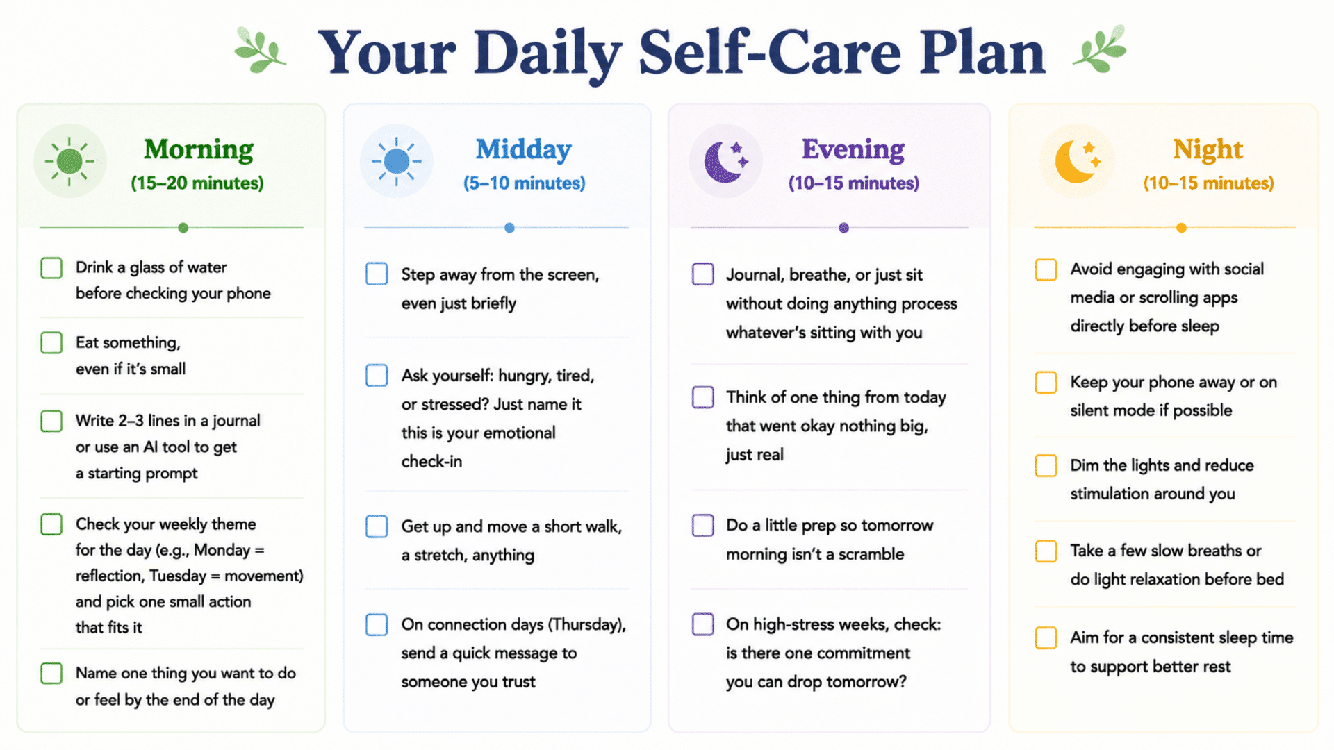Self-care plan chart with Morning, Midday, Evening and Night columns showing checklist items