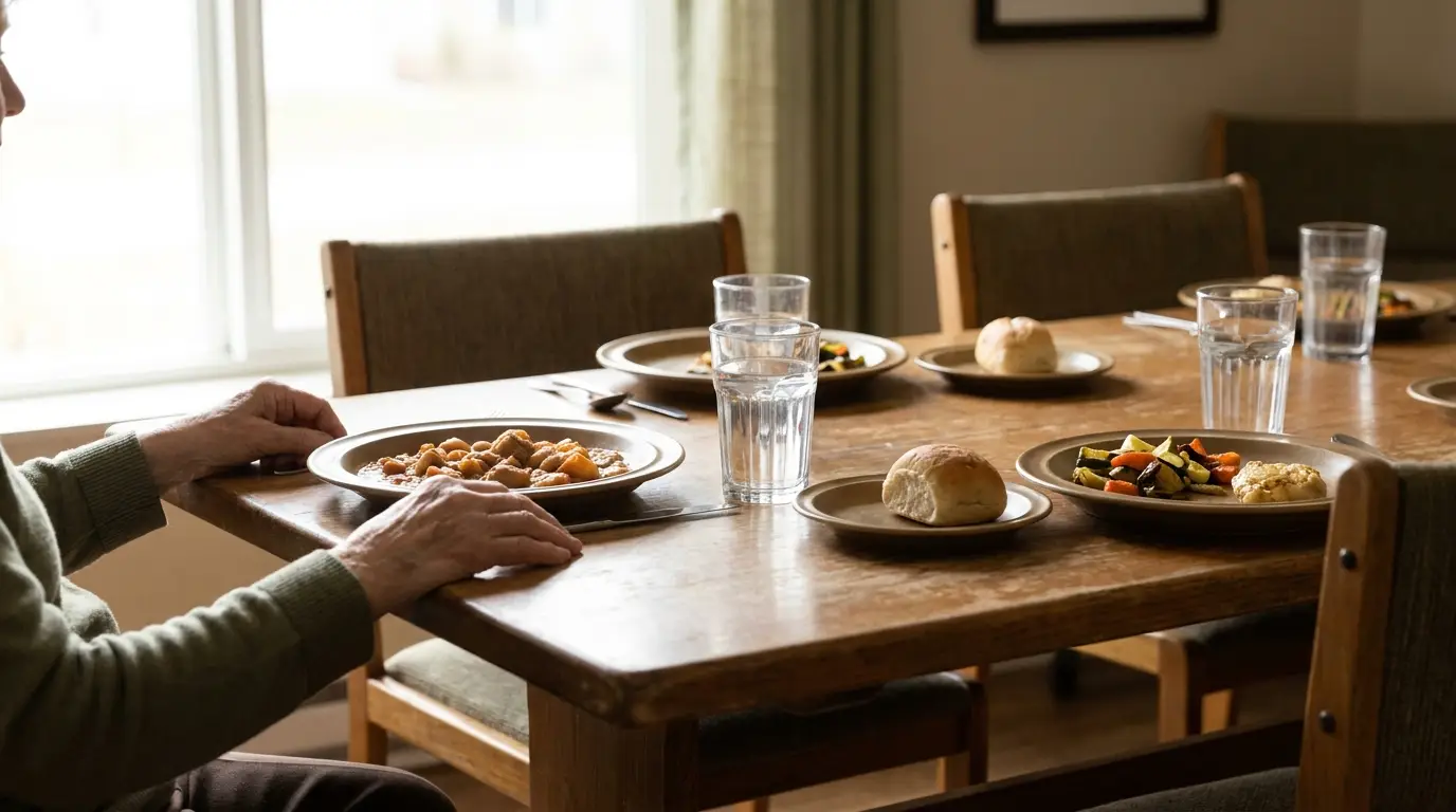 Dining table with plates of food and glasses of water in a cozy indoor setting