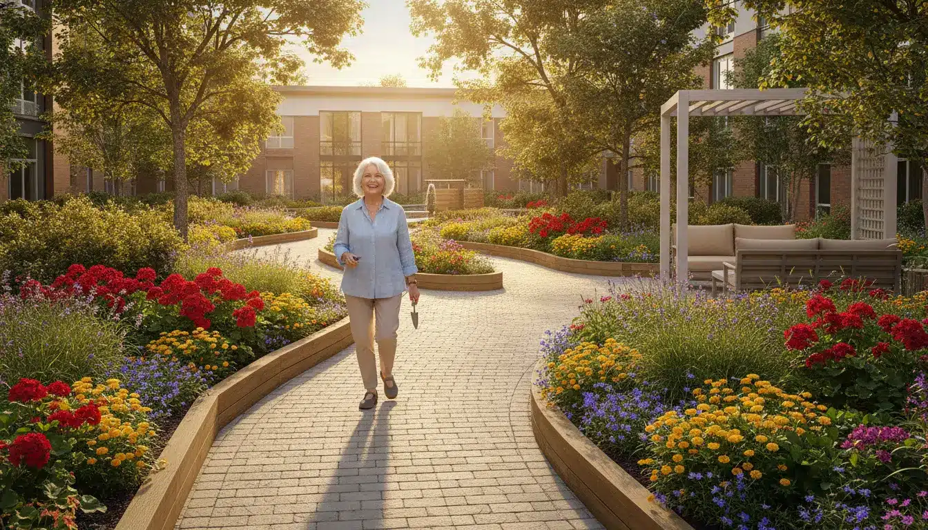 Elderly woman walking in a vibrant garden path surrounded by colorful flowers and trees