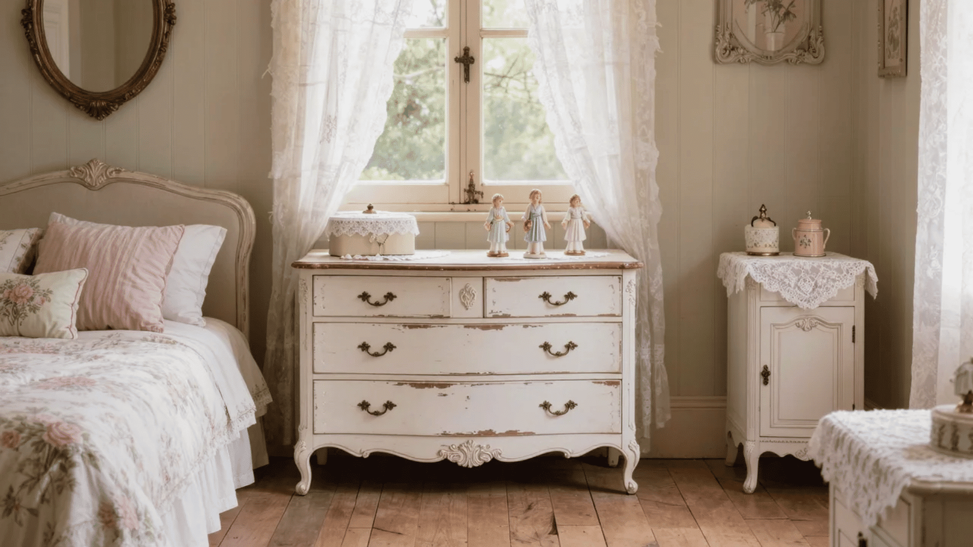 Shabby chic interior design styles bedroom with vintage furniture, floral bedding, and distressed decor.