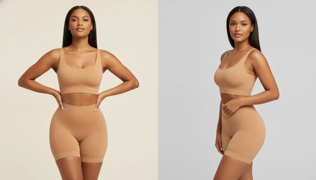 Woman in tan sports bra and shorts posing against a neutral background