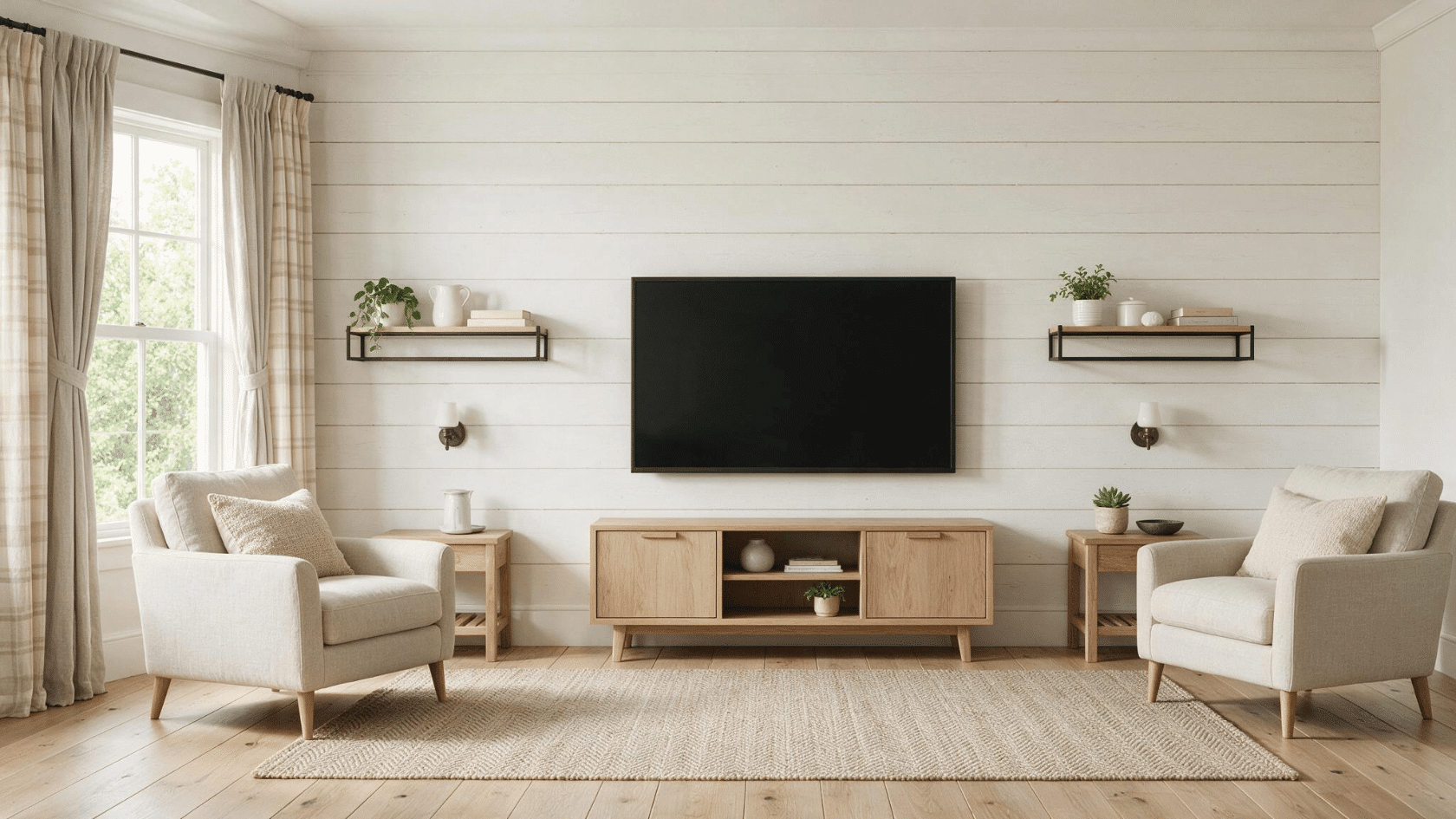 Living room with a horizontal shiplap accent wall behind a television and wood furniture.
