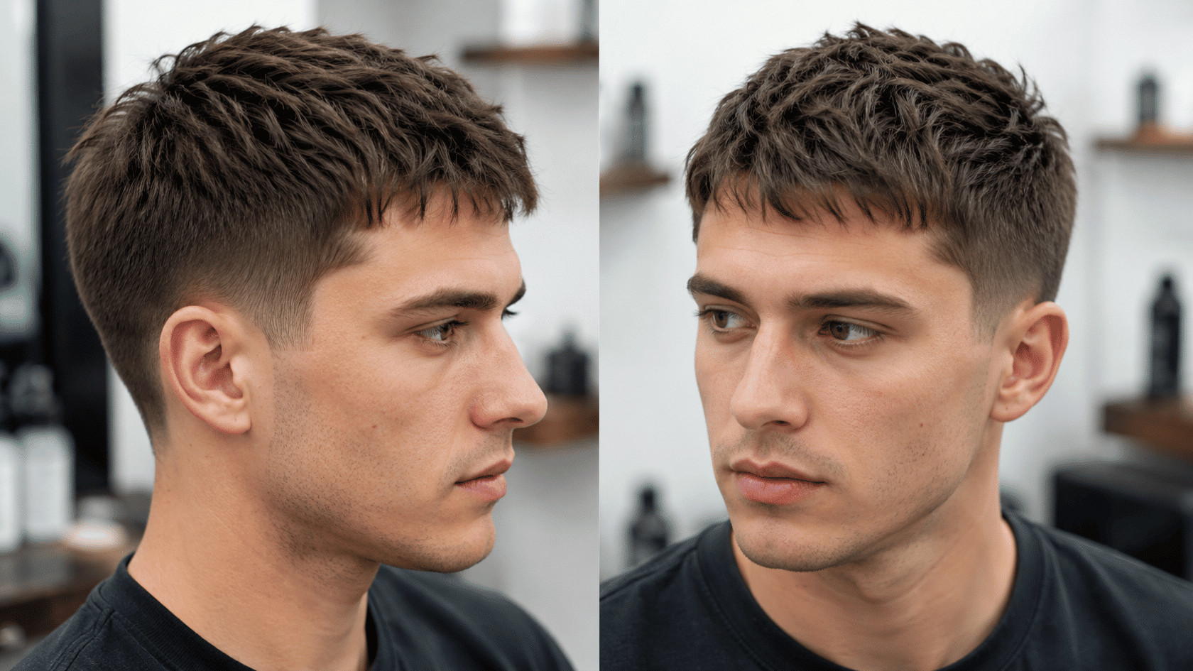 Short straight men’s haircut with choppy textured layers on top