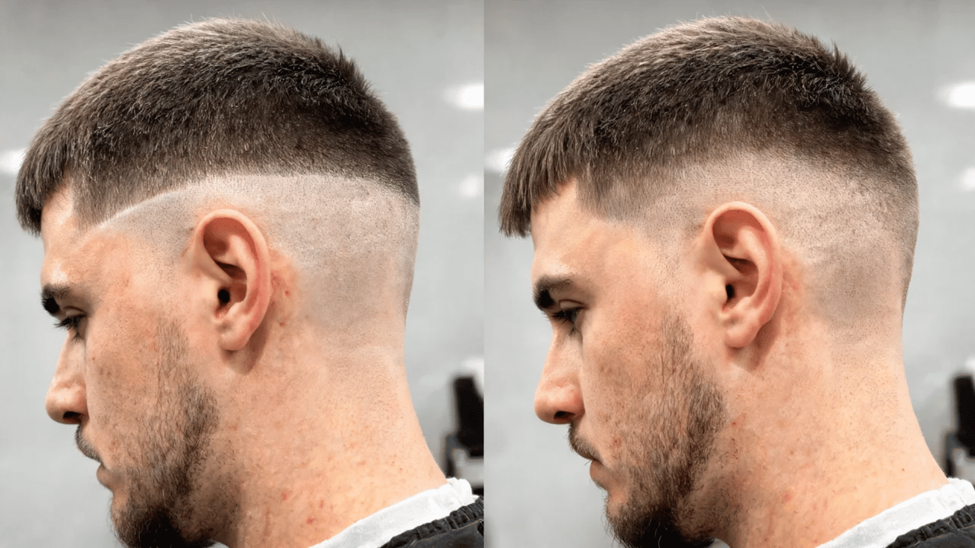 Side-by-side comparison of a bald fade haircut showing different fade transitions and clean skin-level blending.