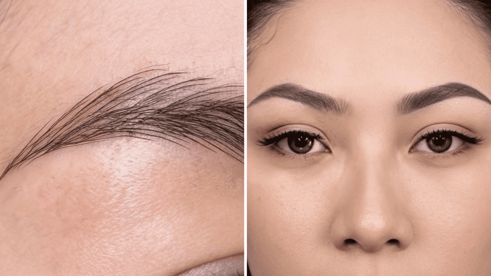 Side-by-side comparison showing microblading eyebrow strokes and ombre powder brows on a person’s face.