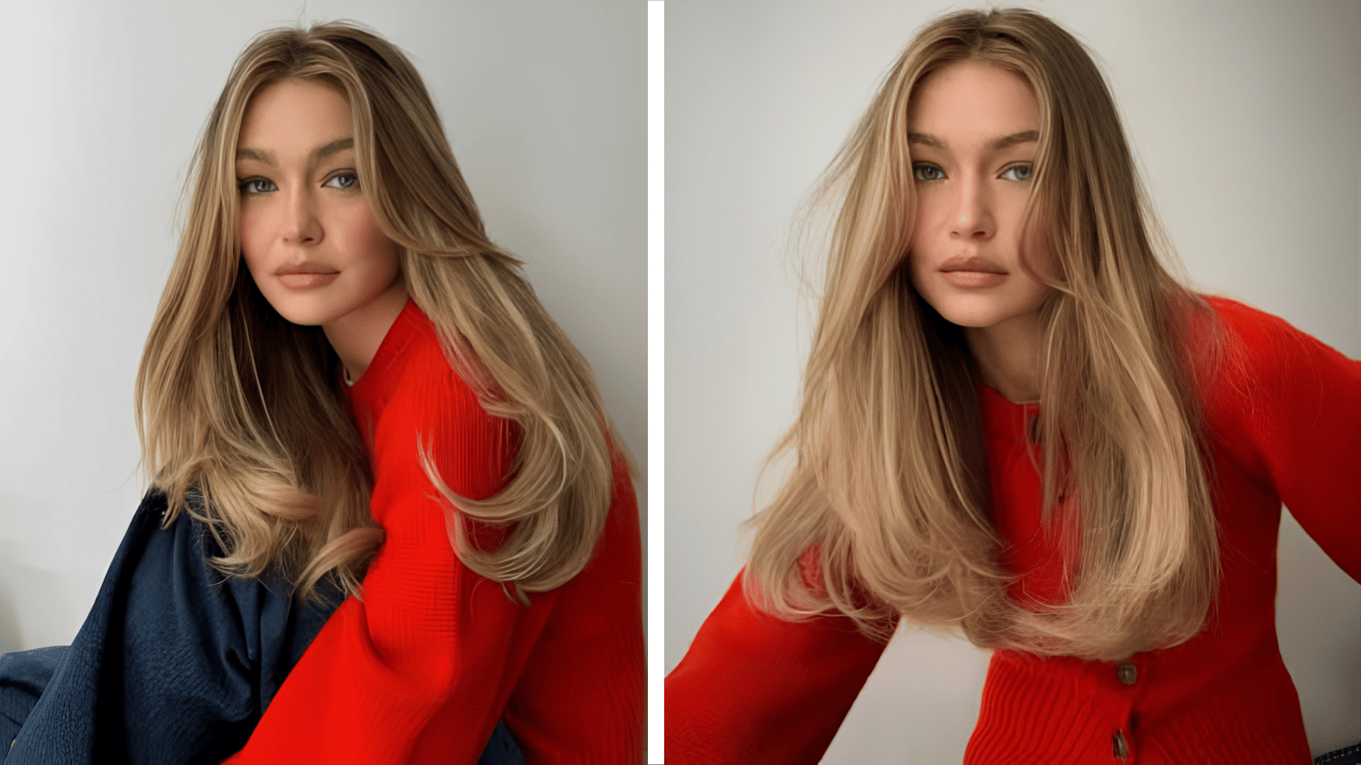 Side-by-side photos of a Gigi Hadid with long, feathered layered hair wearing a red top.