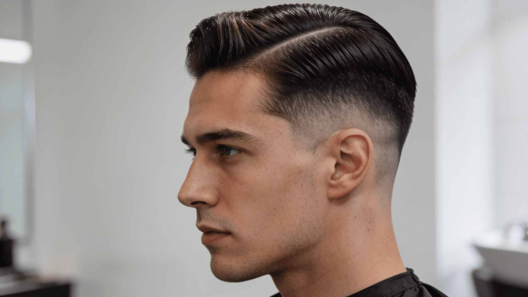 Man with a classic side part haircut and faded sides in a barbershop.