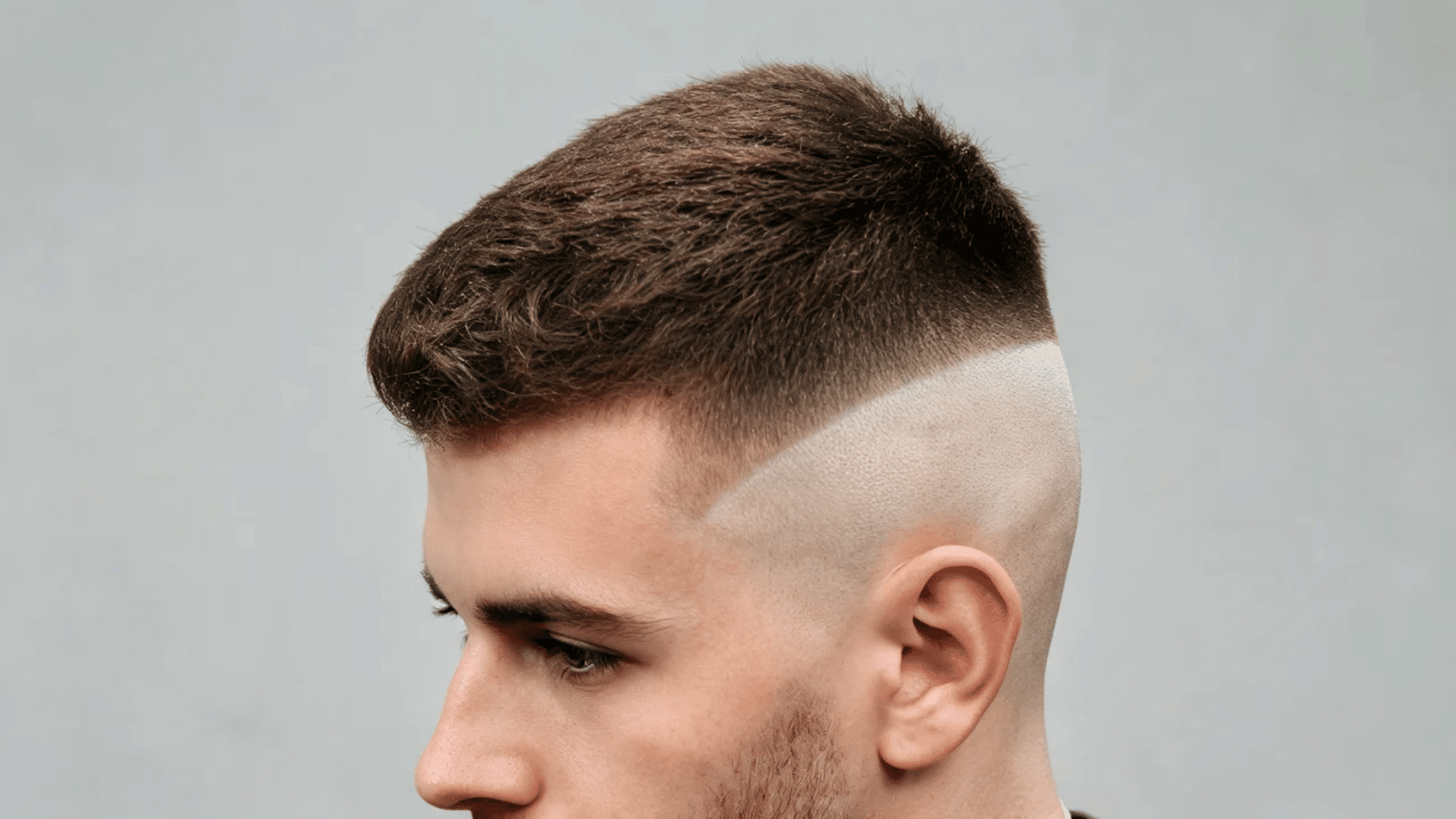 Side profile of a man showing a high bald fade haircut with a sharp skin-level fade and textured hair on top.