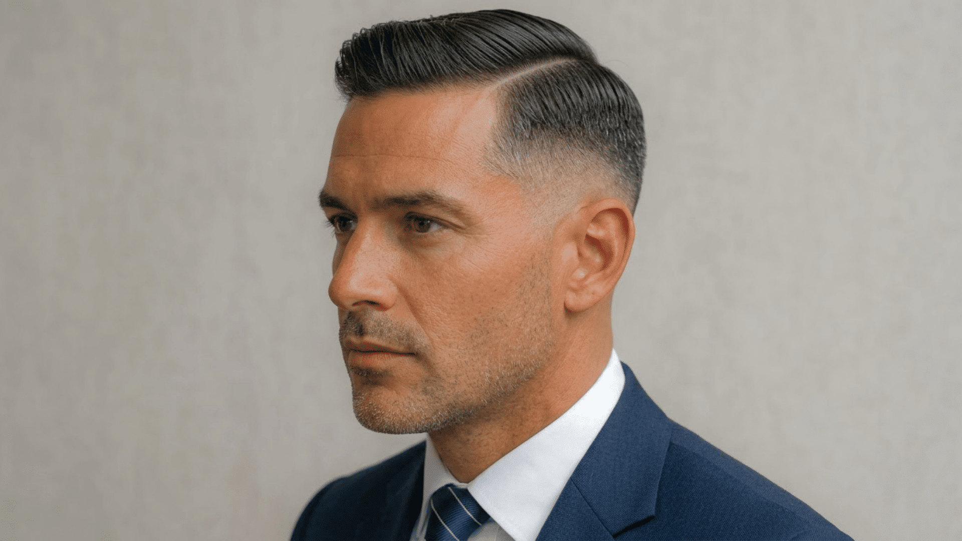 Side profile of a man with a clean side taper haircut wearing a navy suit and tie.