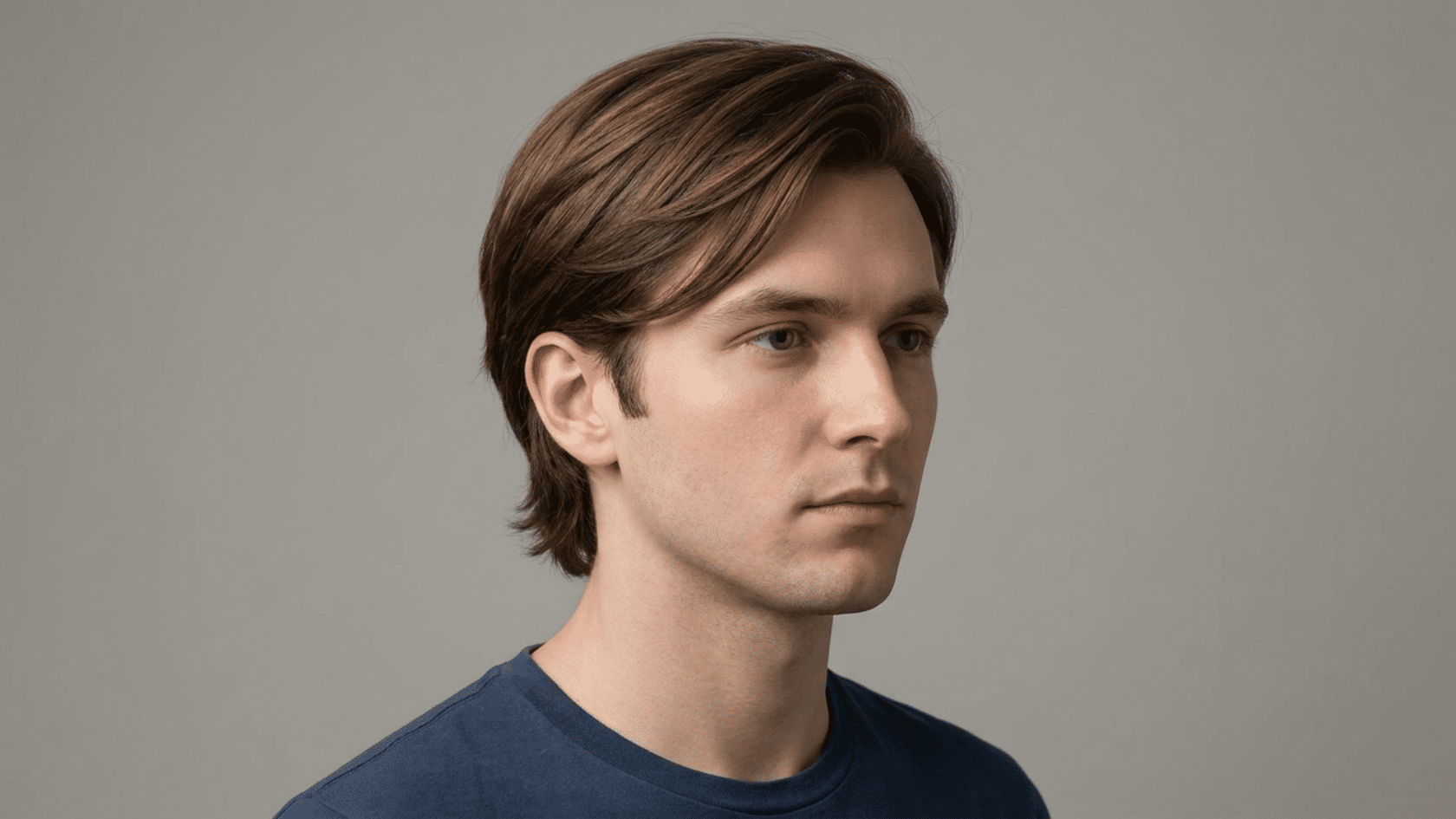 Side-swept fringe hairstyle for men with thinning hair showing hair brushed diagonally across forehead covering hairline with lightly tapered sides.