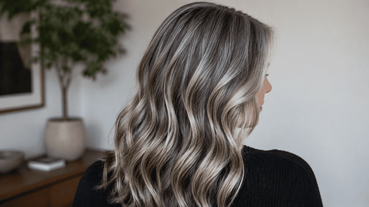 Side view of a woman with wavy grey hair and silver highlights, indoors with a blurred background.