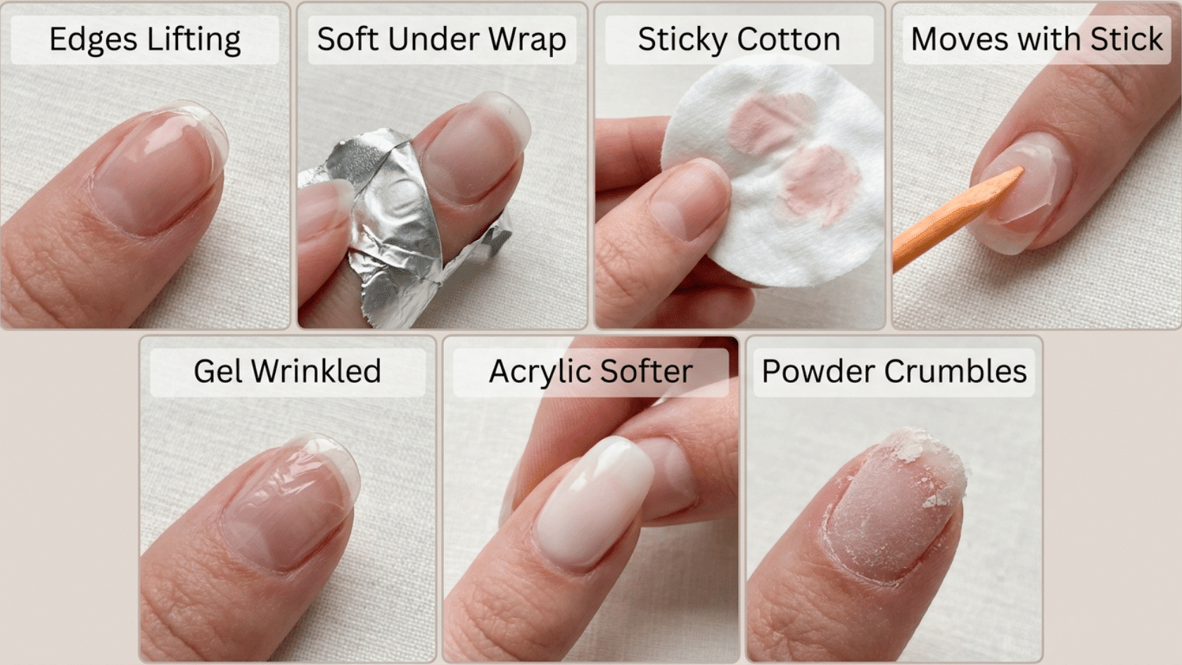 Seven signs showing how long to soak nails in acetone before they're ready to remove.