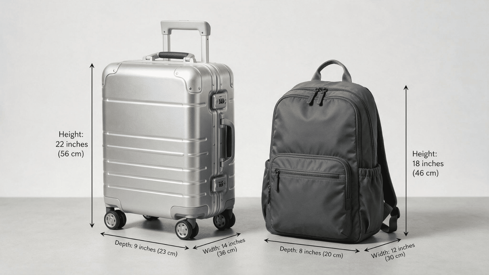 silver aluminum hardside cabin suitcase paired with a dark grey nylon travel backpack