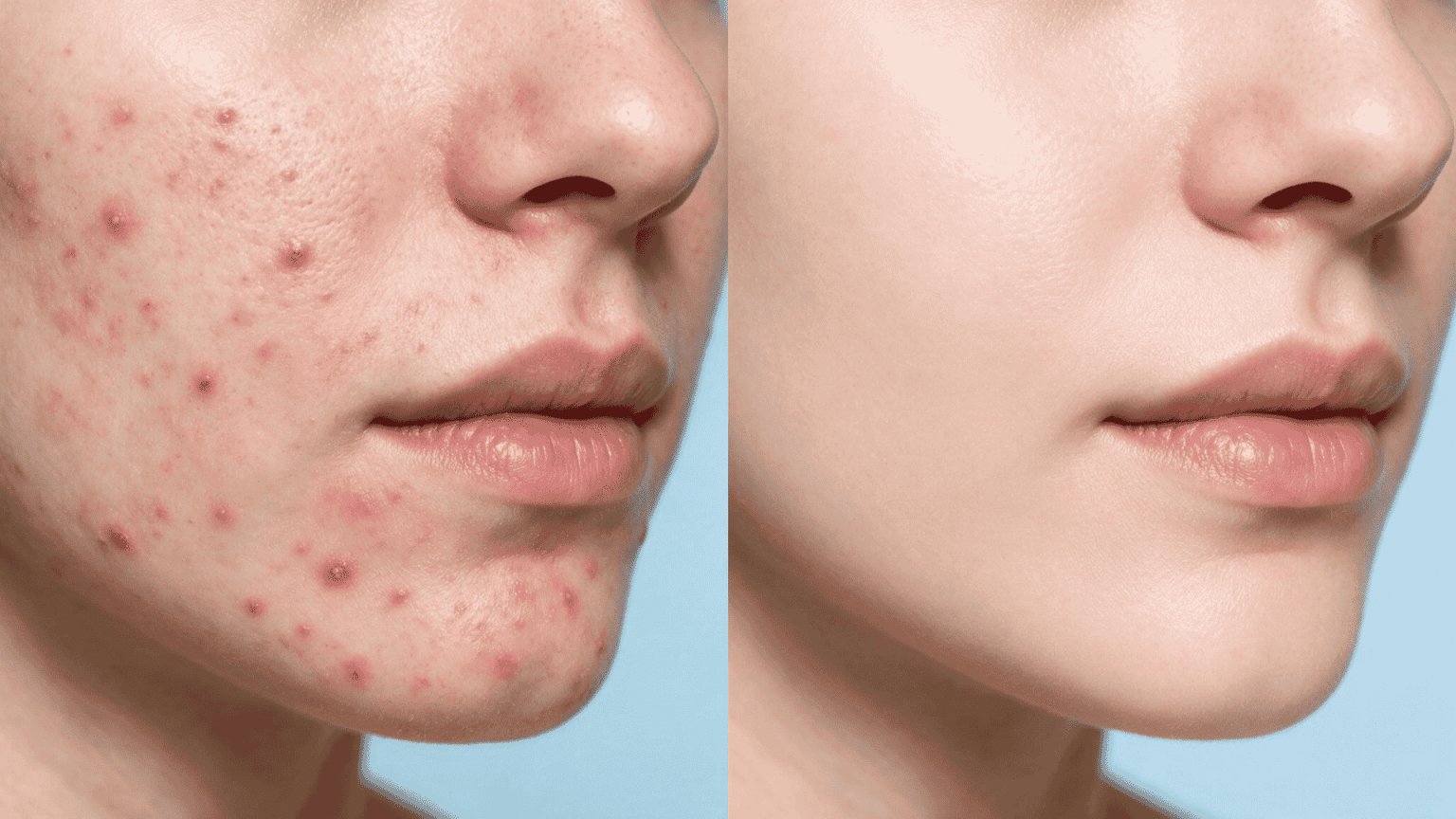 before and after comparison showing irritated acne-prone skin improving to a smoother, clearer complexion after skincare care routine