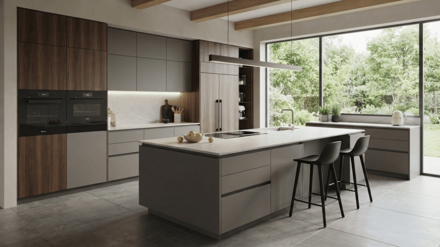 Sleek contemporary modular kitchen with handleless cabinets, built-in appliances, clean surfaces, and modern storage solutions.