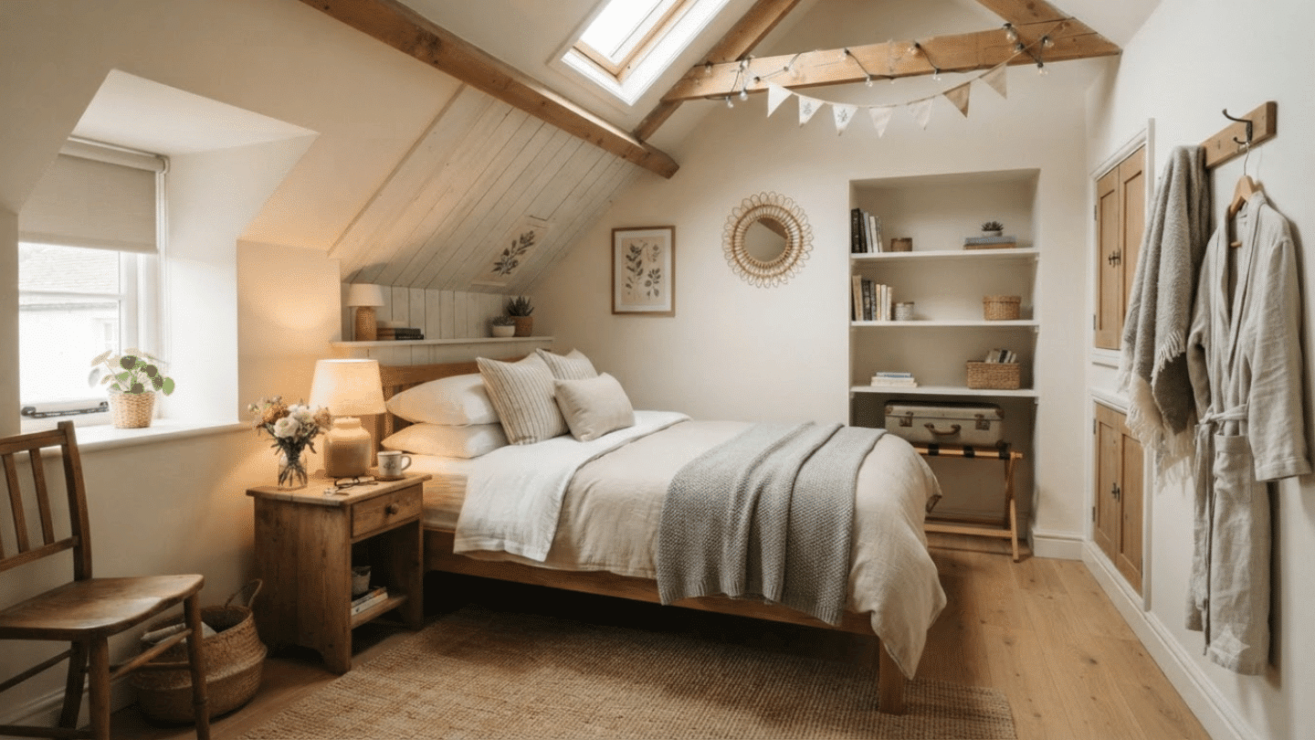 Small attic guest room with compact bed, storage, lighting, and welcoming interior design.