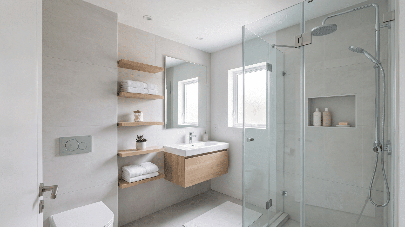 Small bathroom with frameless glass shower, floating vanity, and visible floor space