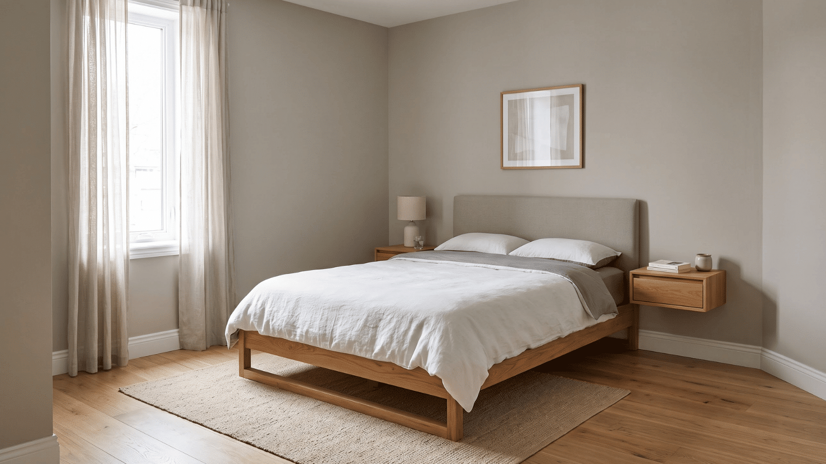 Small bedroom with low bed frame and floating nightstands creating open floor space