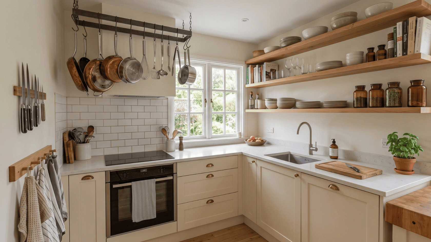 Small kitchen with open shelves, light counters, hanging utensils, and a window above the sink