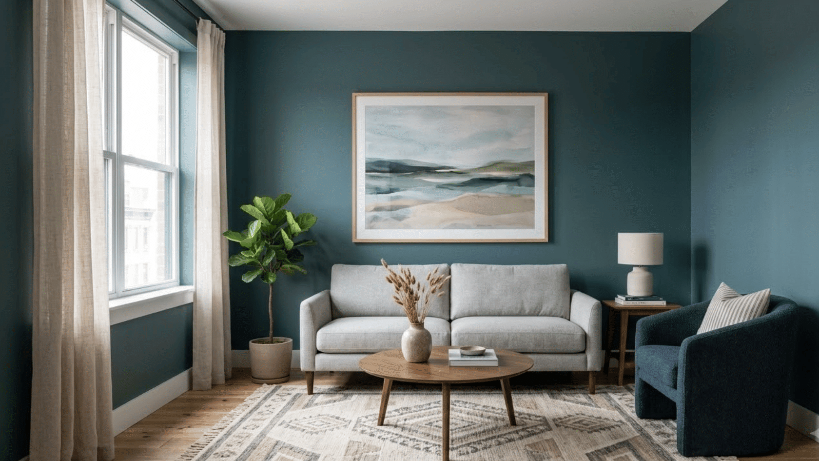 Small living room with a large rug anchoring furniture and a single artwork piece on the wall.