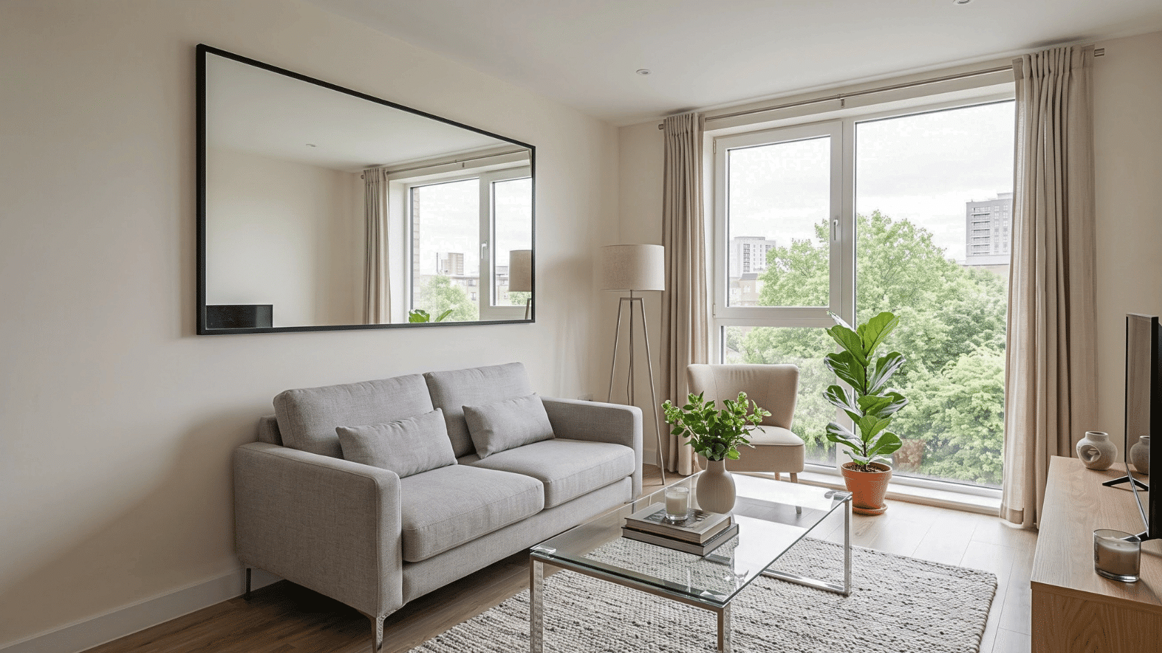 Small living room with a wall mirror reflecting light and adding depth to the space.
