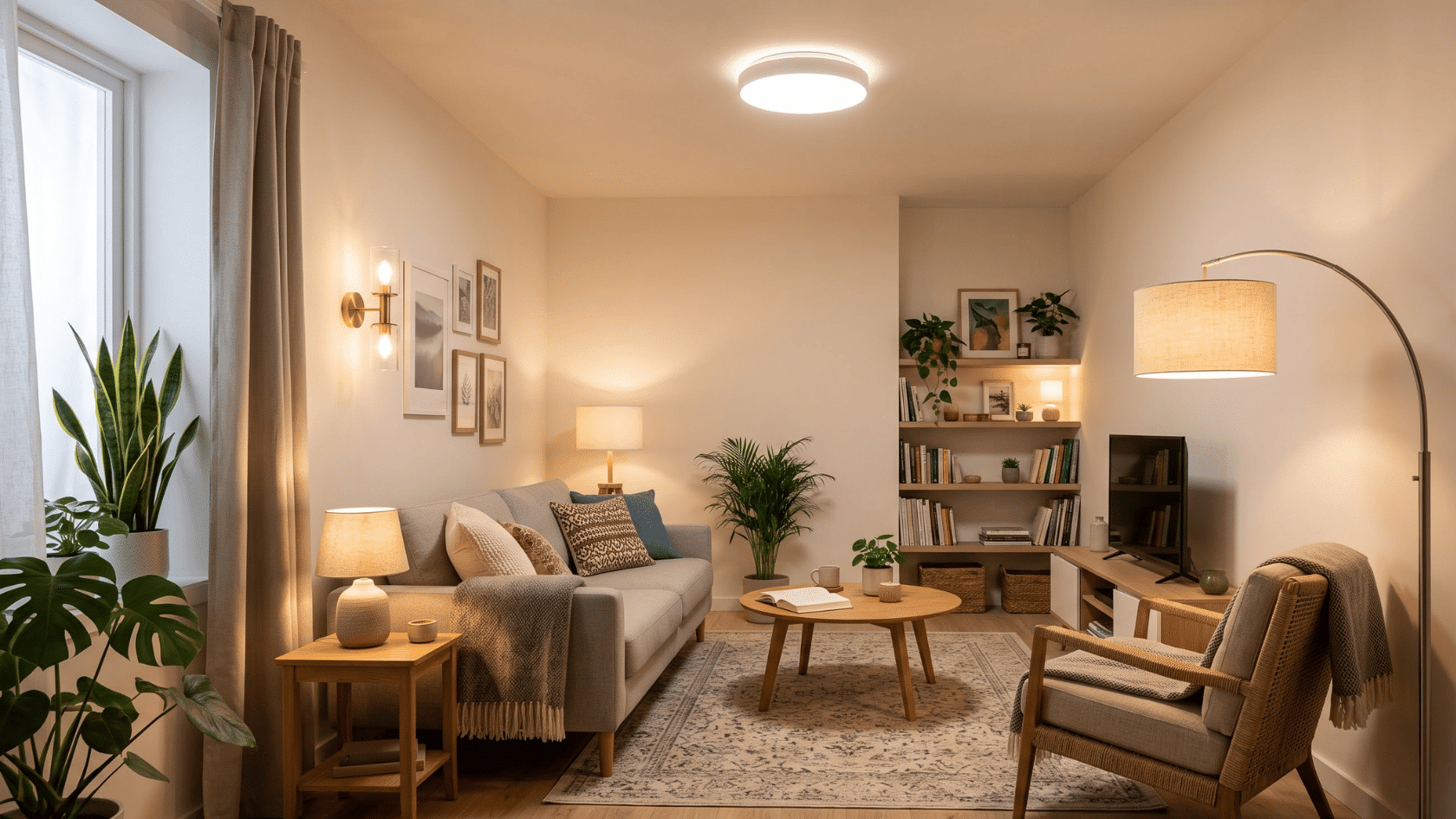 Small living room with ceiling, floor, and table lighting illuminating the space evenly.