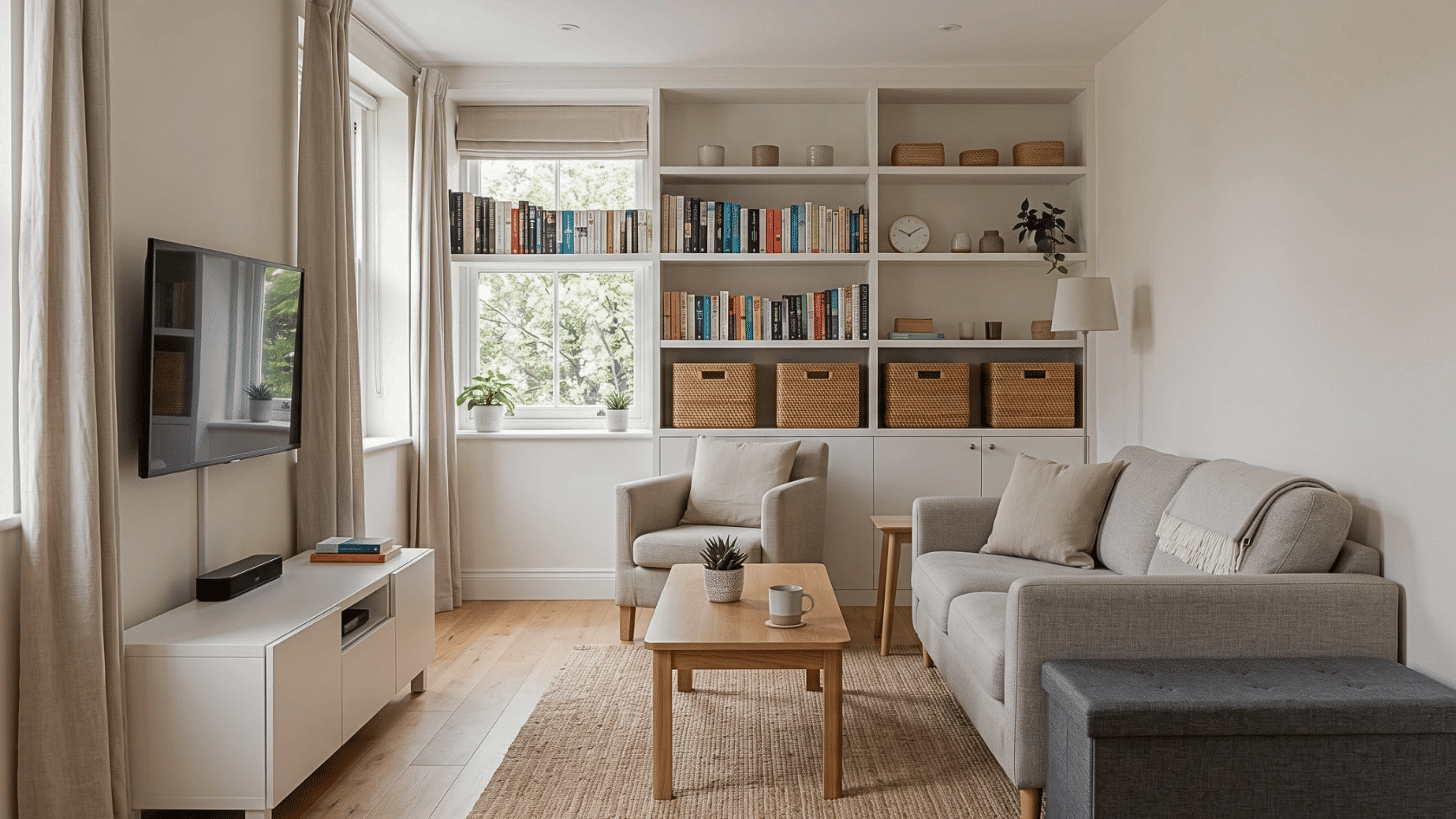 Small living room with clear surfaces and storage furniture keeping items organized.