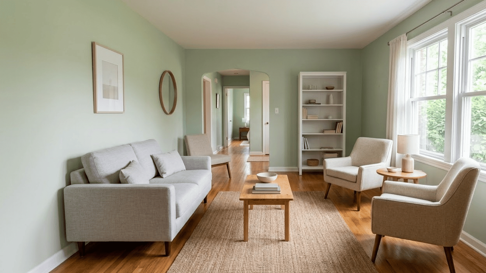 Small living room with clear surfaces and storage furniture keeping items organized