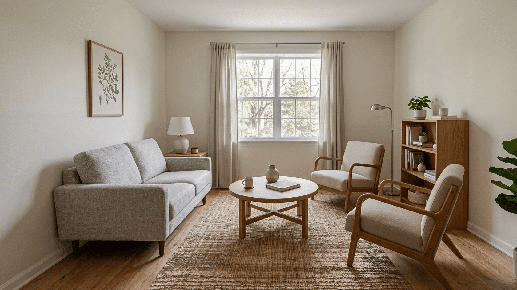 Small living room with furniture pieces sized to fit the available space.