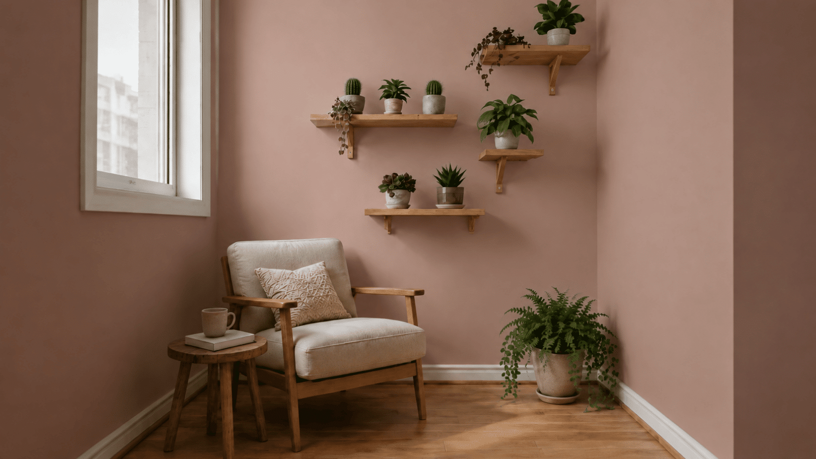 Small reading nook with blush pink walls, wooden shelves, potted plants, cream armchair, side table, and warm wood flooring.