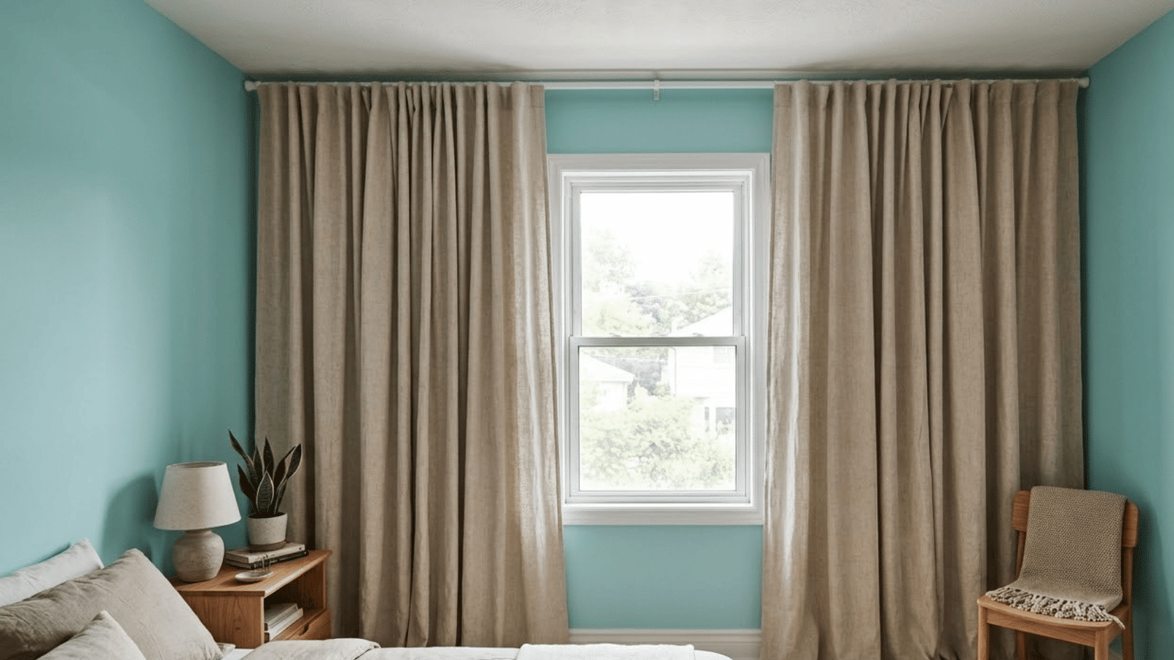 Small room window with full-length curtains mounted high and extending beyond the frame