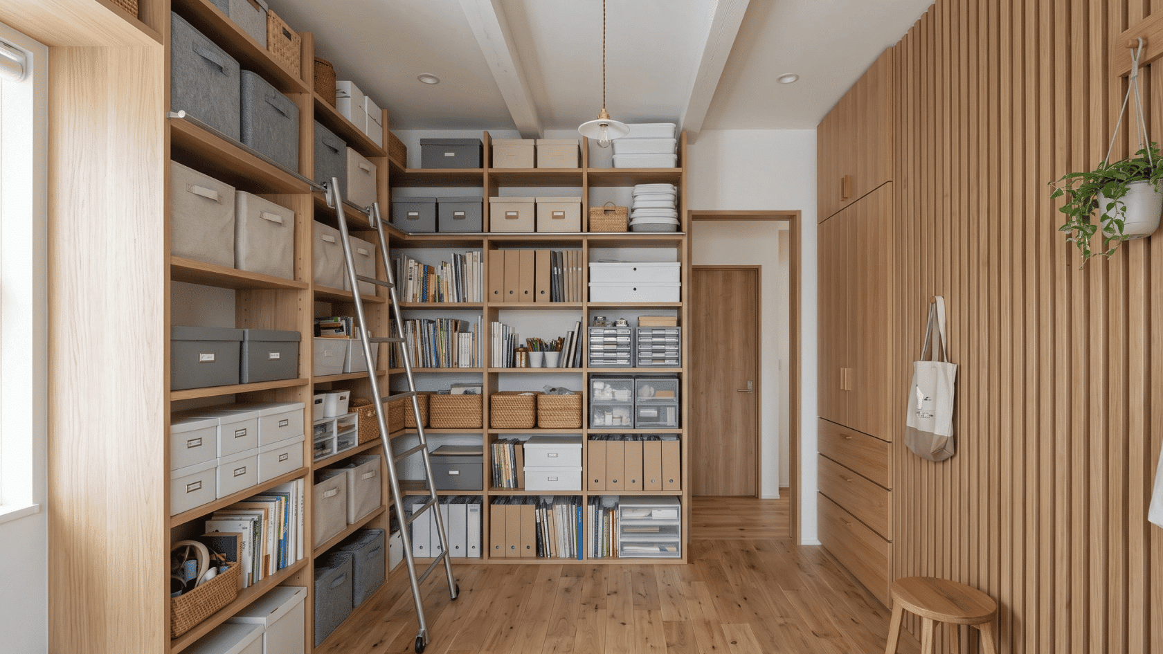 Small room with tall shelving and vertical wall features extending upward toward the ceiling