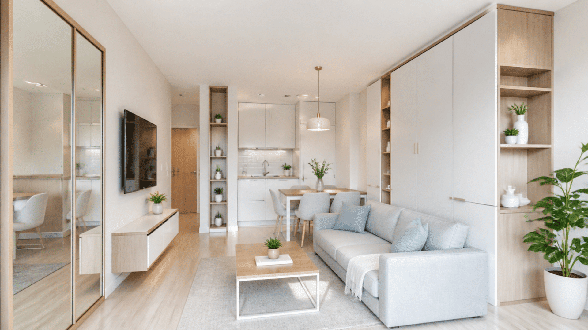 Small modern living room with multifunctional furniture, mirrors, light colors, and space-saving storage solutions.