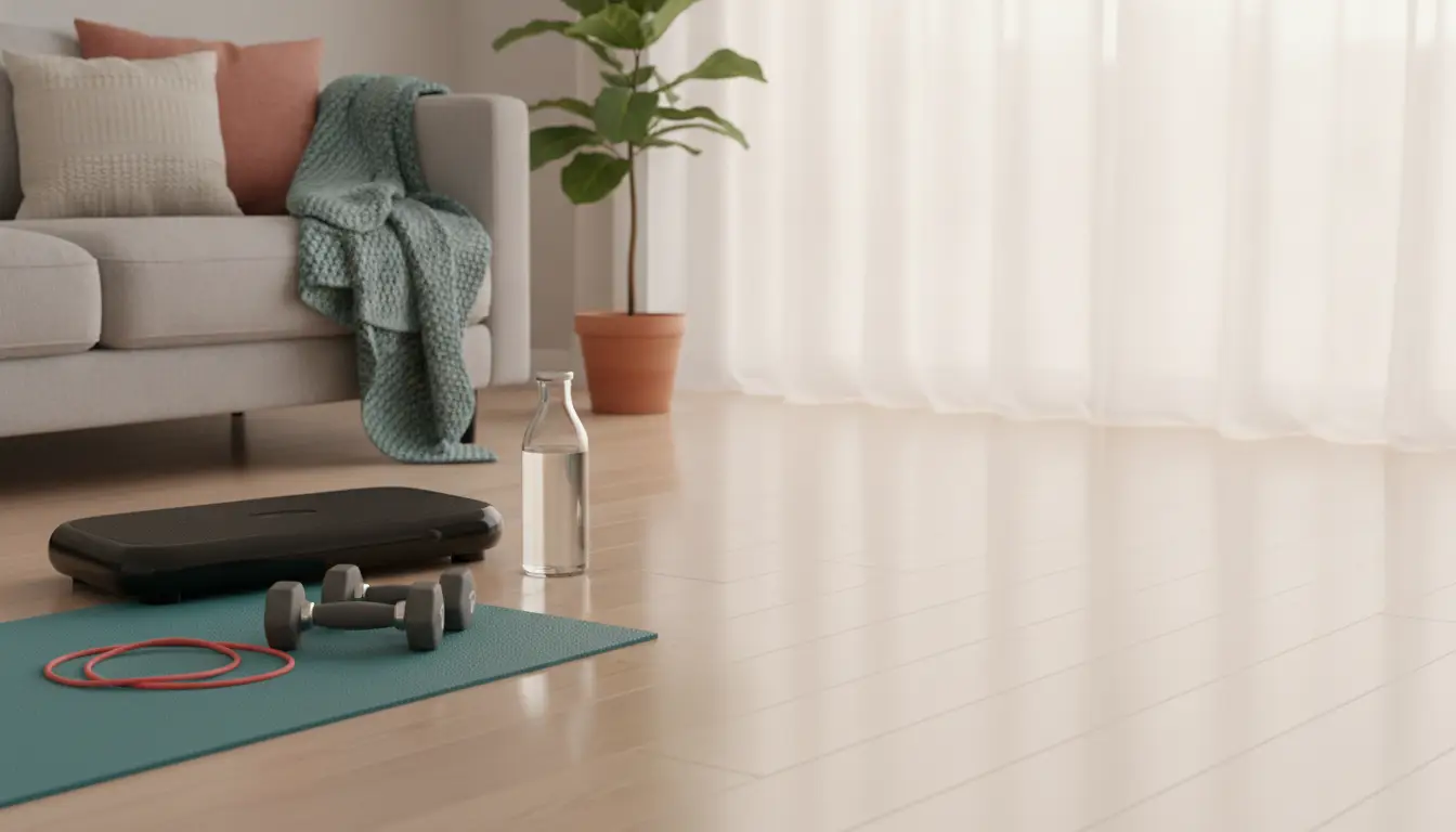 Exercise equipment on yoga mat in cozy living room with plant and sofa