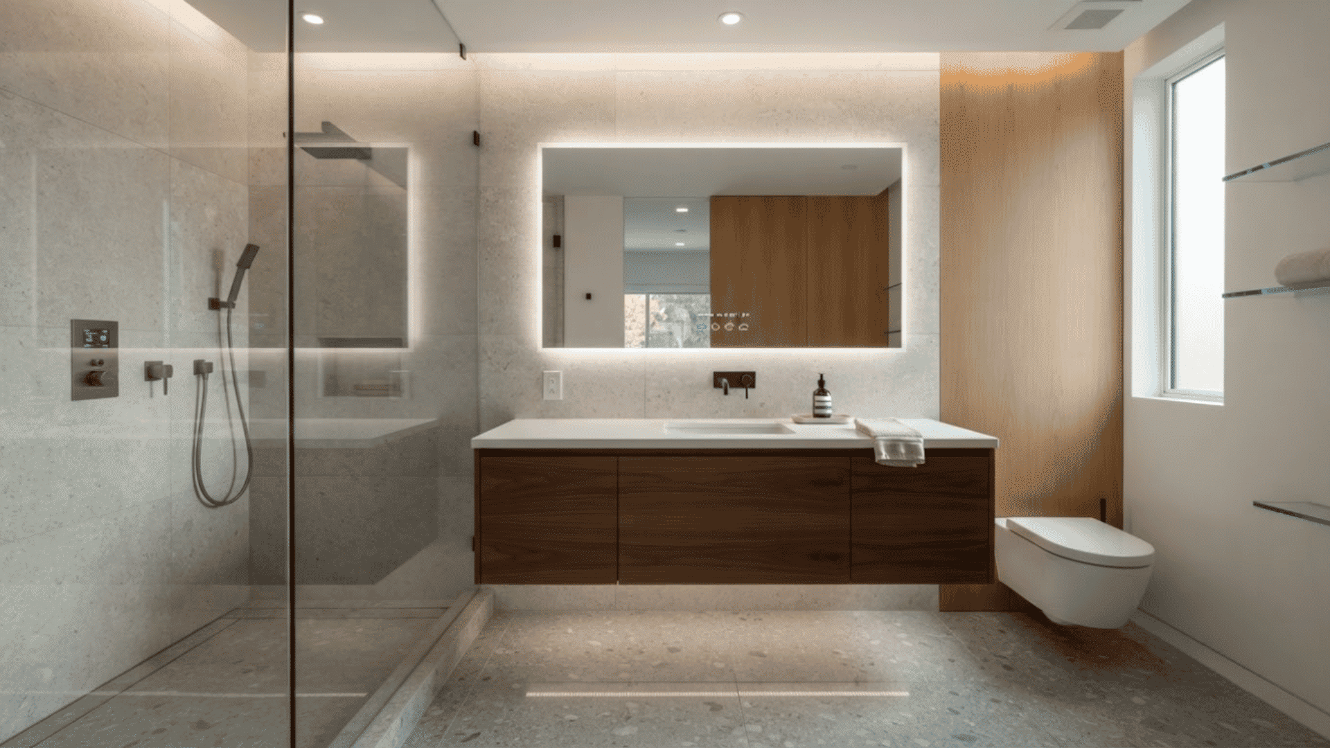 Smart contemporary bathroom with touchless faucets, smart mirror, digital controls, and modern features for added comfort.