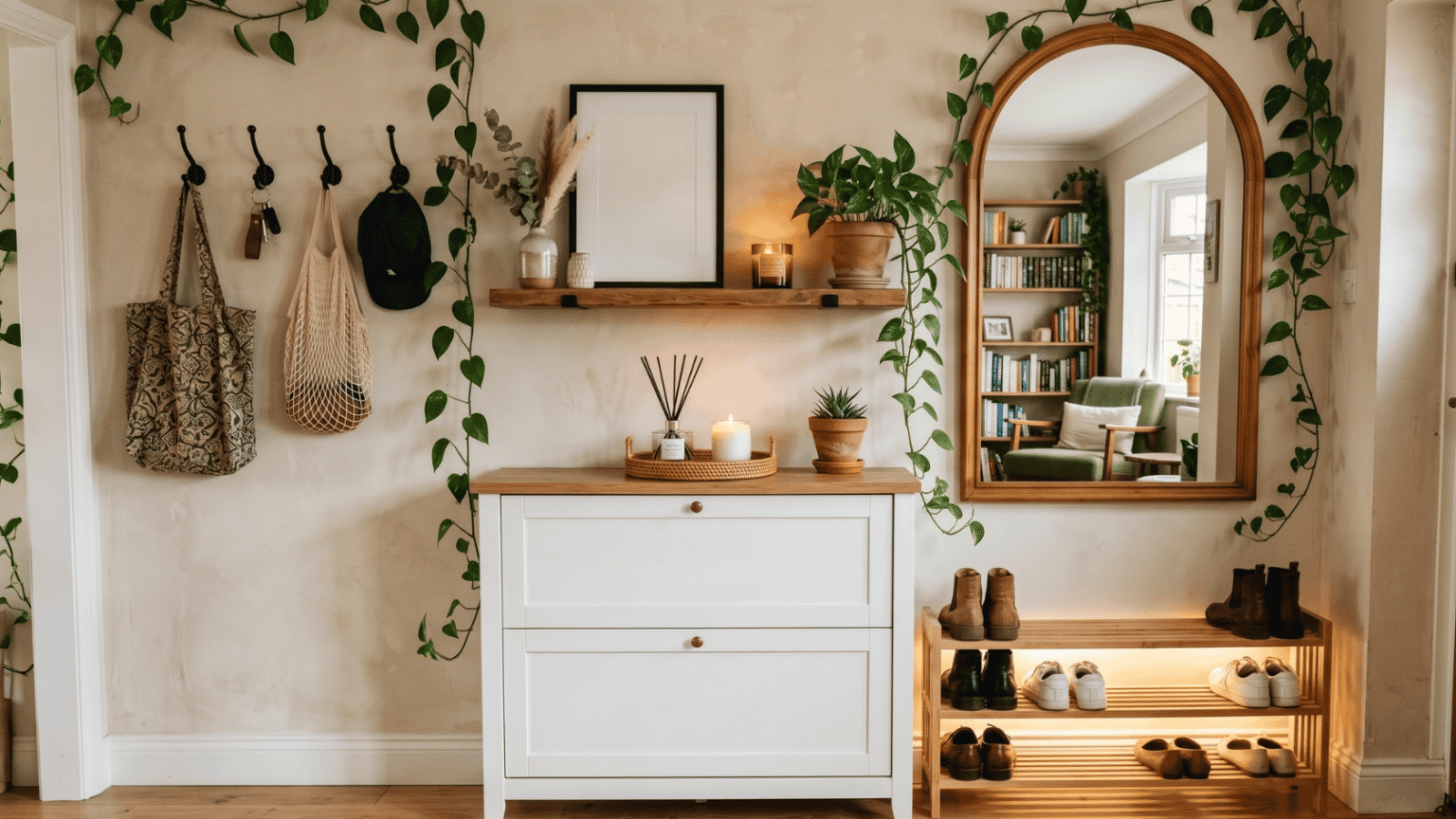 Entryway with wall hooks, cabinet, shoe rack, mirror, plants, and decorative items.