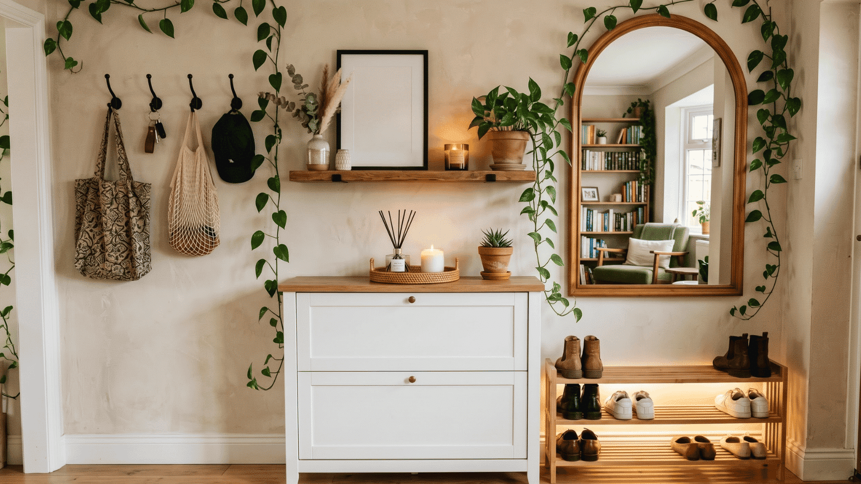 Entryway with wall hooks, cabinet, shoe rack, mirror, plants, and decorative items.