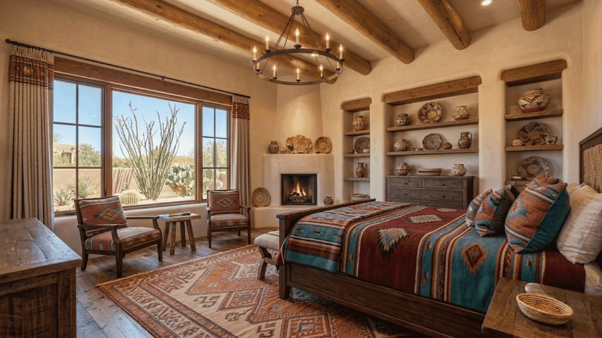 Southwestern interior design styles with earthy tones, leather furniture, woven textiles, wood details, and rustic decor.