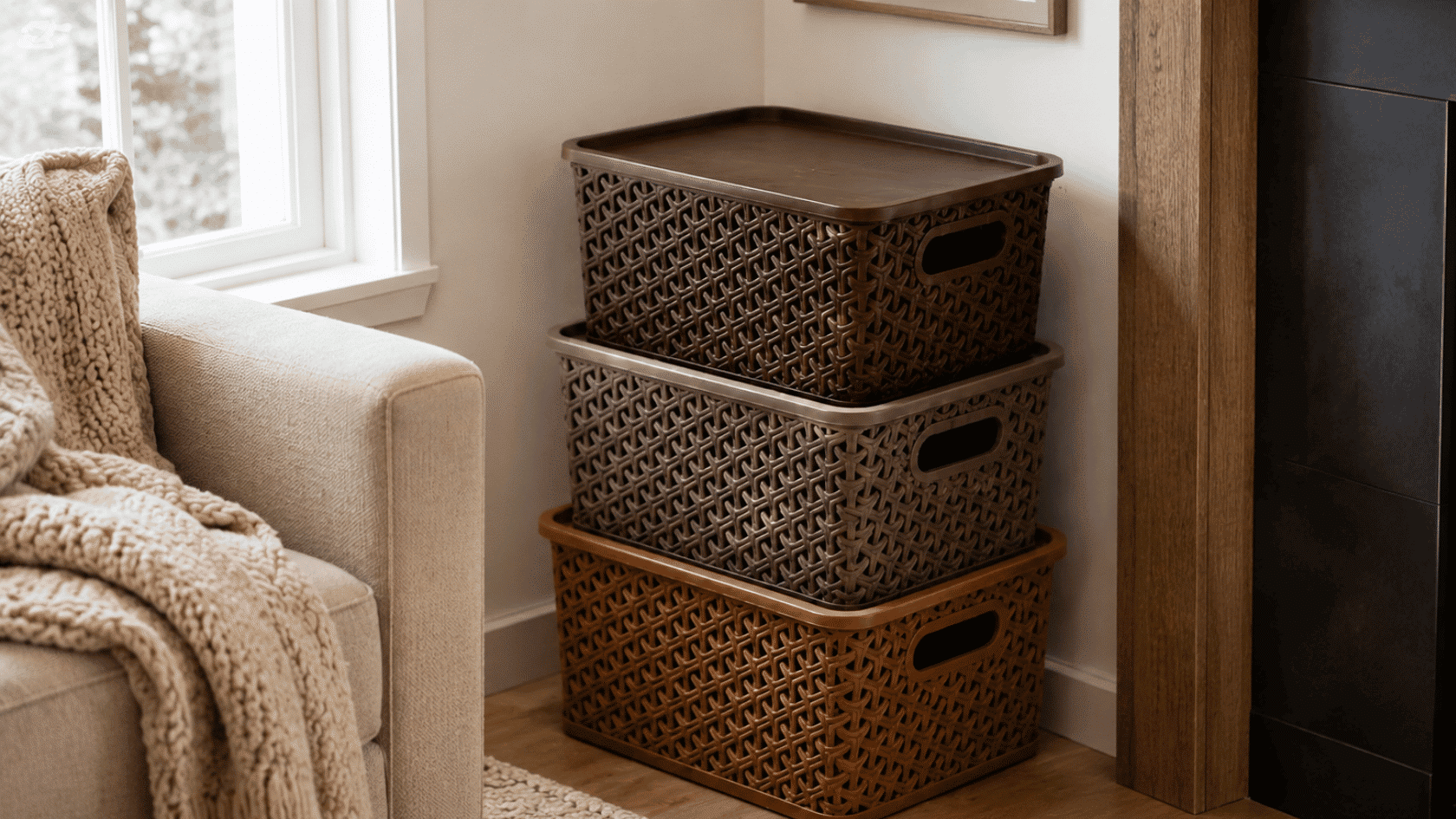 Stacked storage baskets beside an armchair with a knitted blanket and window.