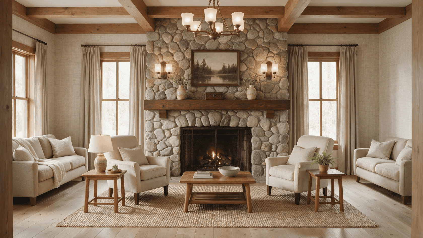 Living room with a stone fireplace accent wall and wood mantel.